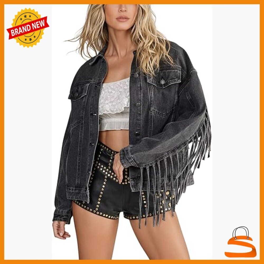 Oversized Denim Jacket with Fringe Tassels, Western Style, Button Front